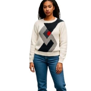 Vtg 80s Hand knit Bramble Lane geometric Chunky pattern white/black sweater Sz S